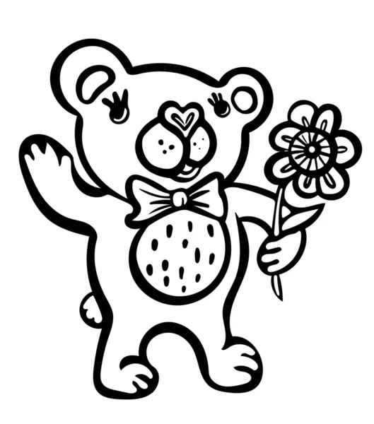 Jouet ours en peluche avec un arc donnant une fleur, caractère vectoriel simple. — Image vectorielle