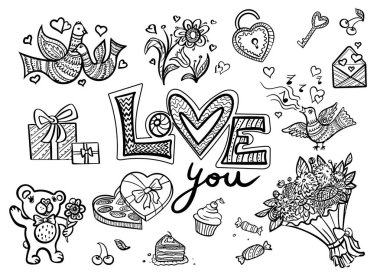 Aşk vektör illüstrasyonları çizgi sanatını dekoratif karalama tarzında ayarlar.