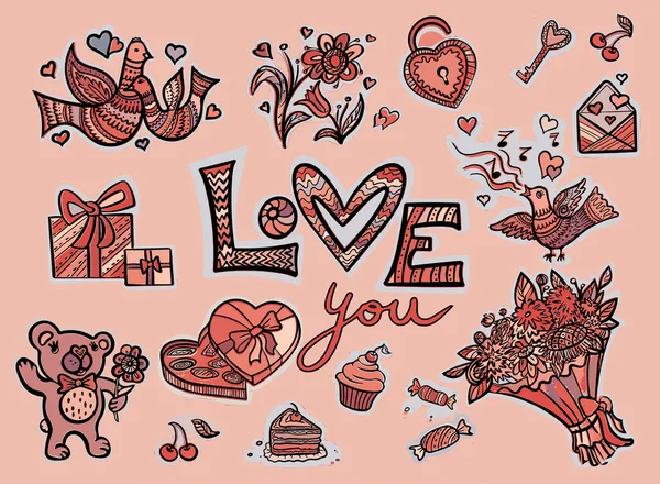 Aşk vektör çizimleri şefkatli renklerde ayarlandı