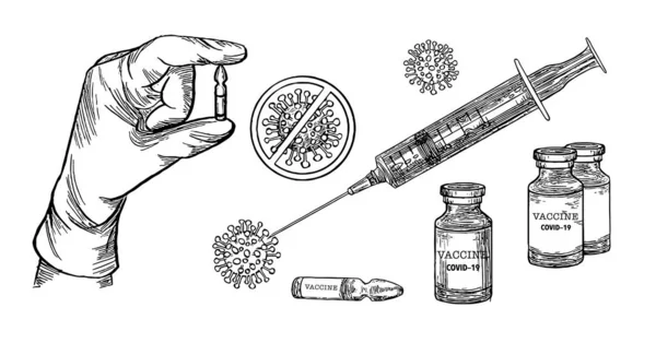 Szczepienie ustawione w stylu szkicowym. Ręcznie rysowana linia ilustracji sztuki szczepionki Coronavirus i ochrony immunologicznej — Wektor stockowy