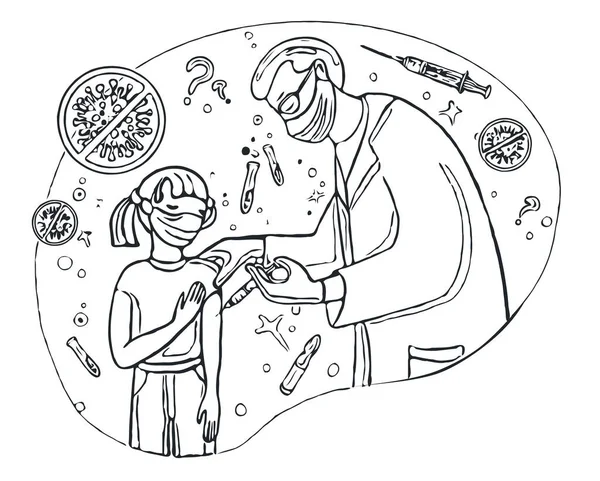 Aşı çocuklar. Doktor küçük bir kıza aşı yaptı. Coronavirus 'a karşı bağışıklık koruması. Çizgi sanatı karalama stilinde.