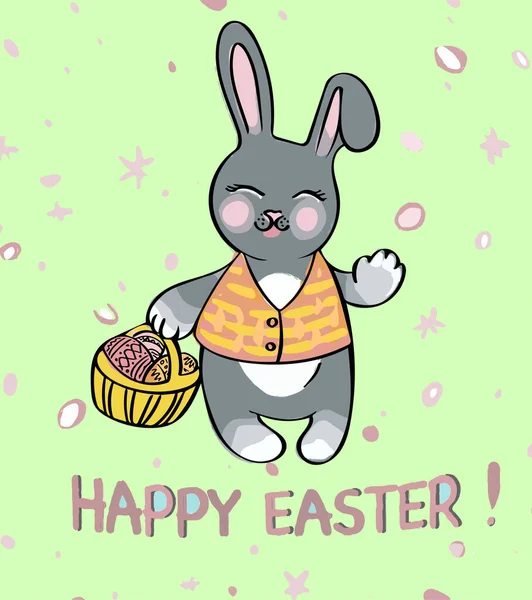 Bir sepet renkli yumurtalı Paskalya tavşanı. Yeşil arka planda el yazısıyla mutlu Paskalyalar yazan şirin çizgi film gri tavşanı.
