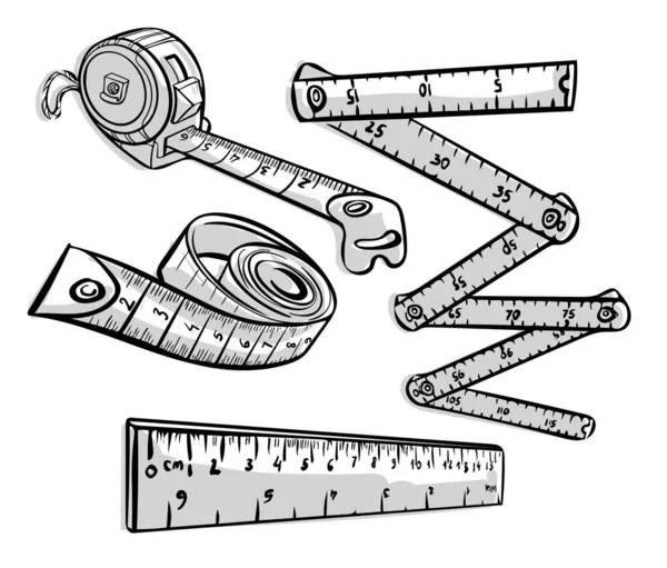 Набір вимірювальних інструментів. Рулетка намальована вручну, мірна стрічка та лінійка в каракулі — стоковий вектор