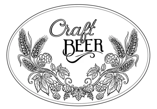 Bira konsepti için bir raundda Hop ve Arpa Çelengi. El çizimi sanat ve el yazısı beyaza izole edilmiş..