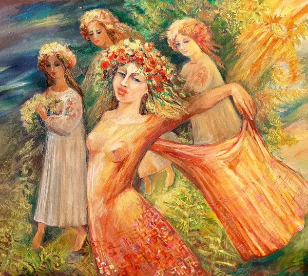 Kızlar gece ateşin yanında dans ediyor. Festa junina gecesi kutlaması. Yaz tatili sanatı. Akrilik mi yağlı boya mı?.