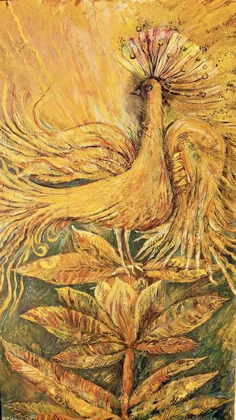 Sıcak turuncu renkte hayali kuş akrilik resmi.