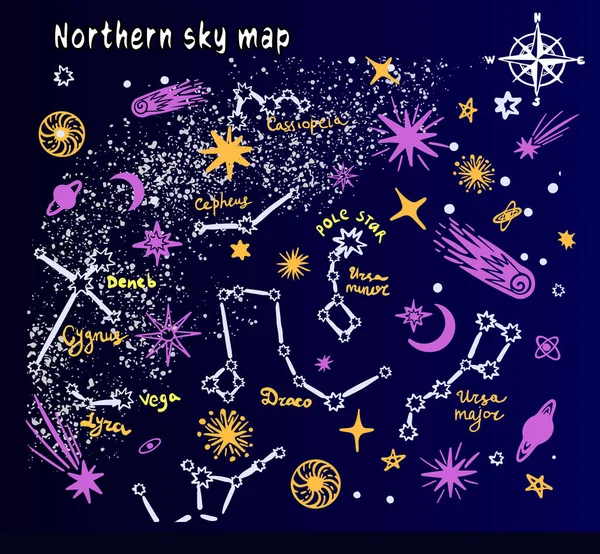 Takımyıldızları gezegenler, kuyrukluyıldızlar ve yıldızlarla karalama tarzında haritalar çizerler. Gece gökyüzü eli astronomik arkaplan çizdi. 