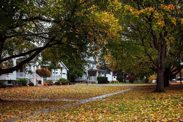 Klidná Obytná Ulice Zataženém Podzimním Ránu — Stock fotografie