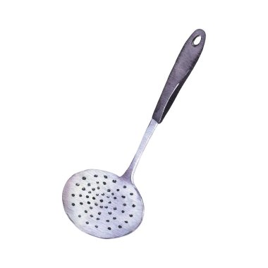 Beyaz arka planda siyah saplı metal kaypak. El çizimi suluboya çizimi.