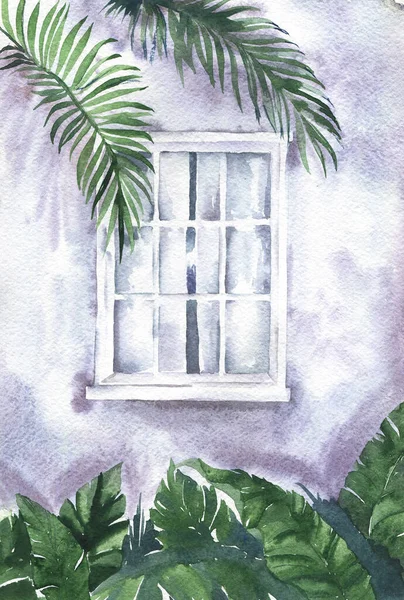 有窗户和窗帘的老房子 棕榈叶和热带植物 手绘水彩画 — 图库照片