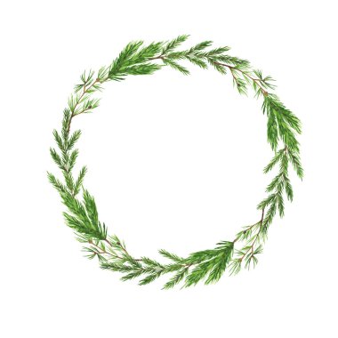 Çam dalları yuvarlak çerçeve. El çizimi suluboya çizimi.