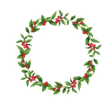 Holly yaprağı dalları ve kırmızı böğürtlenler. El çizimi suluboya çizimi.