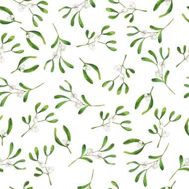 Beyaz arka planda yeşil ve beyaz ökseotu dalları olan kusursuz bir desen. El çizimi suluboya çizimi.
