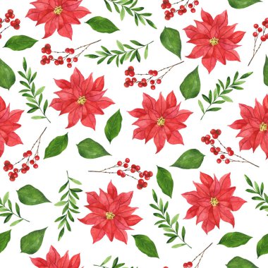 Kırmızı noktalı çiçekler, kırmızı böğürtlenler, yeşil yapraklar ve beyaz arka planda dallarla kusursuz desen. El çizimi suluboya çizimi.