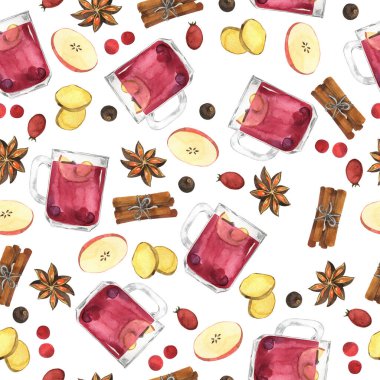 Kırmızı şarap, zencefil, elma, anason yıldızları, kırmızı böğürtlen ve tarçınlı beyaz zemin. El çizimi suluboya çizimi.