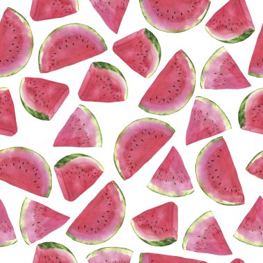 Beyaz arka planda pembe karpuz parçaları olan kusursuz desen. El çizimi suluboya çizimi.
