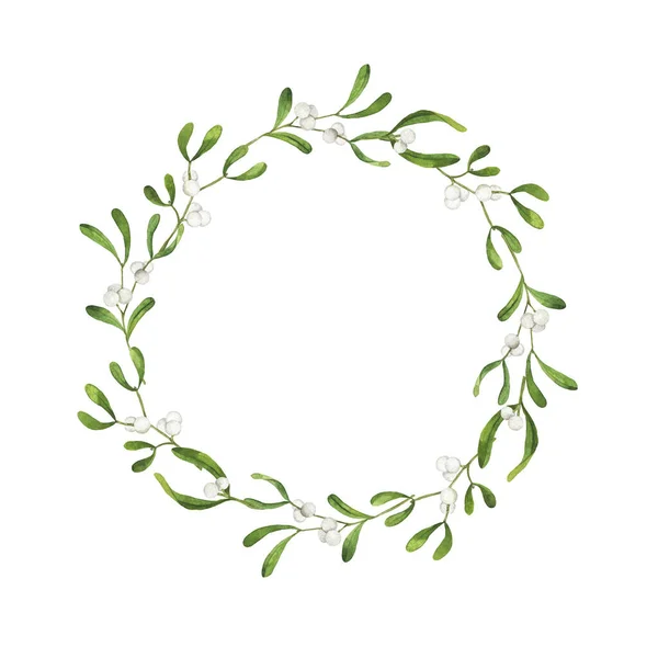 Mistletoe branches round frame. Christmas design. Hand drawn watercolor illustration.