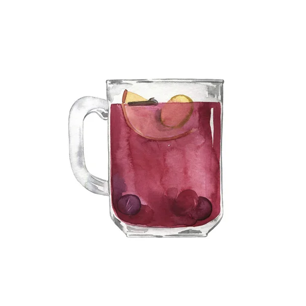 Caneca Vinho Tinto Com Fruta Maçã Baga Gengibre Ilustração Aquarela — Fotografia de Stock