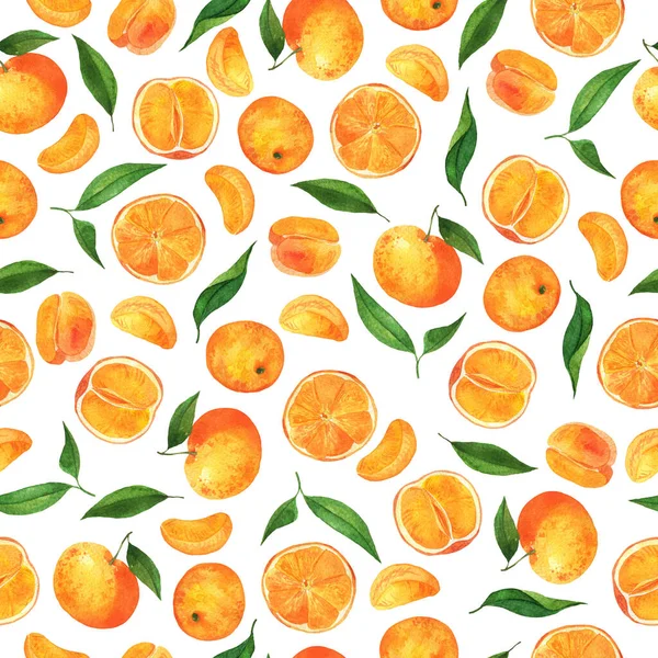 无缝图案 带有新鲜的橘子或柑橘类水果和绿色叶子的白色背景 手绘水彩画 — 图库照片