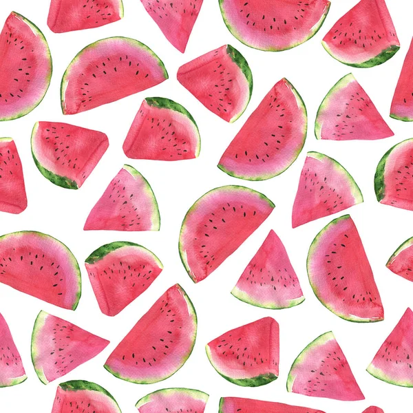 Beyaz arka planda pembe karpuz parçaları olan kusursuz desen. El çizimi suluboya çizimi.