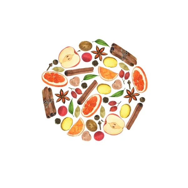 冬季香料圈 肉豆蔻 生姜和新鲜苹果 手绘水彩画 — 图库照片