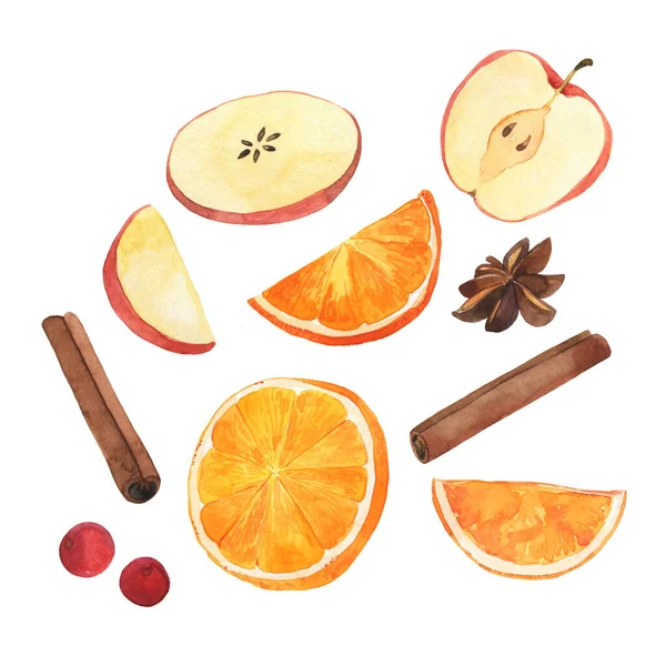 采购产品一组新鲜的水果 苹果和橙子 茴香星和肉桂 手绘水彩画 — 图库照片
