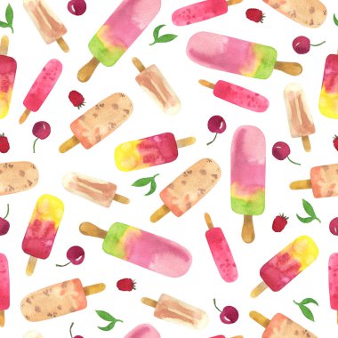 Suluboya yaz dondurması deseni. El çizimi resimleme beyaz arkaplanda izole edildi