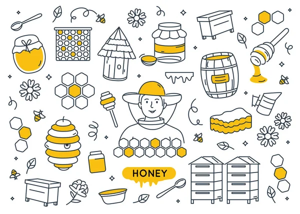 Honey Doodle Elements Set Isolated — Stockový vektor