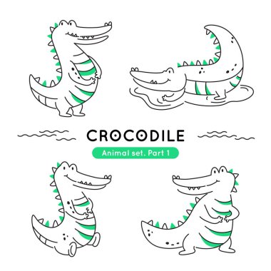 Çeşitli pozlarda karalama yapan timsahlar. İzole edilmiş sevimli karakterlerin koleksiyonu.