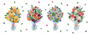 Meyve ve sebzeli bir çift botanik buketi. Modern resimleme.