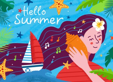 Tatilde kabuk müziği dinleyen güzel kadınlar. Kızlarla yaz geçmişi, deniz yıldızları, deniz kabukları, palmiye yaprakları, notlar, yelkenli. Teknesi olan sahil. Vektör illüstrasyonu.