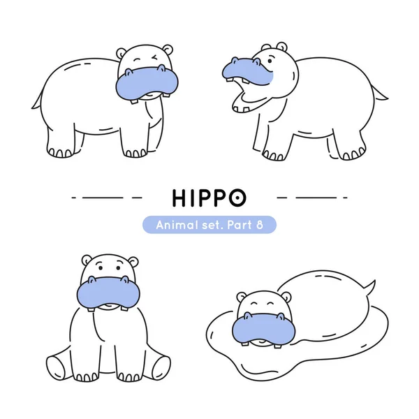 Conjunto Hipopótamos Garabatos Varias Poses Colección Personajes Lindos Aislados — Vector de stock