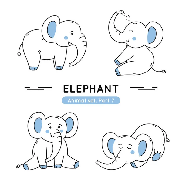Uppsättning Doodle Elefanter Olika Poser Insamling Söta Tecken Isolerade — Stock vektor