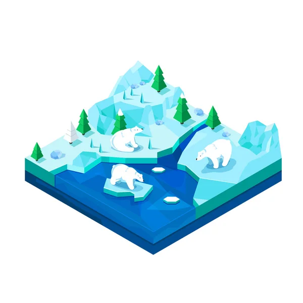Kutup ayılarıyla vektör çizimi. Isometric kuzey manzarası. Kutup hayvanları. Küresel sıcaklık.