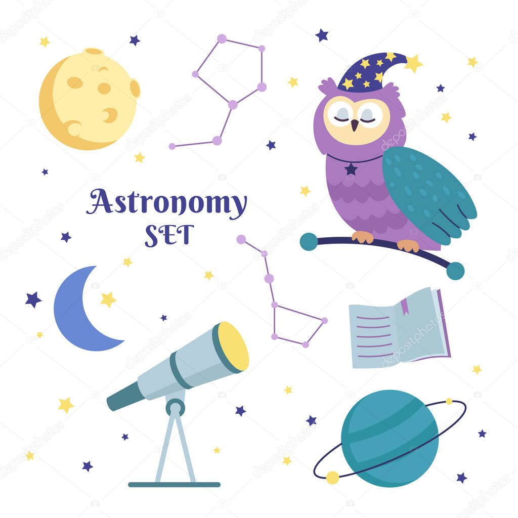 Astronomy set with owl, telescope, planets, moon and stars. Astronomer character.