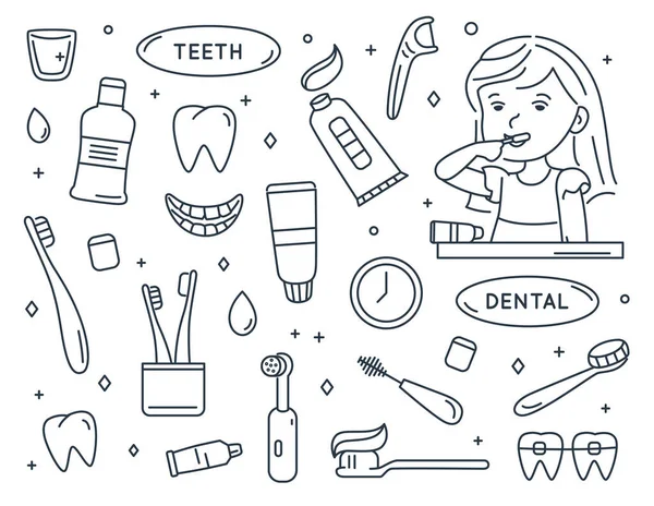 儿童牙科护理涂鸦元件集 女孩刷牙 — 图库矢量图片