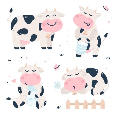 İneklerle el çizimi çocuksu set.