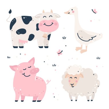 Çiftlik hayvanlarıyla el çizimi çocuksu set.