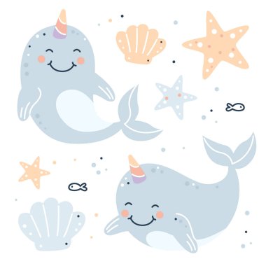 Deniz gergedanları, deniz kabukları ve deniz yıldızlarıyla el çizimi çocuksu bir set..