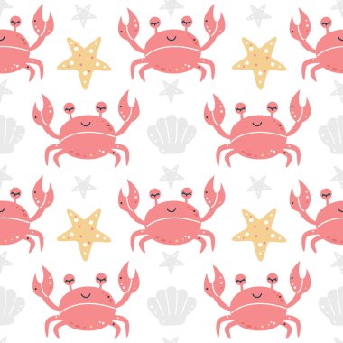 Yengeç, deniz kabuğu ve yıldızlı kusursuz çocuksu desen..