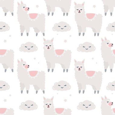 Alapacas ve bulutlar ile çocuksu, pürüzsüz desen.