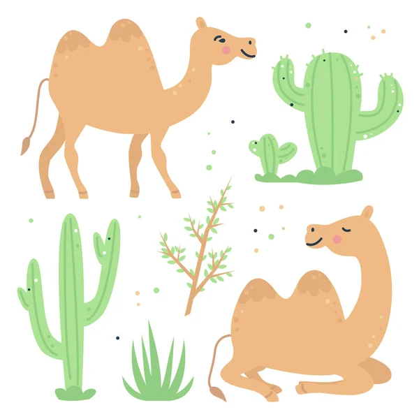 Set Infantil Dibujado Mano Con Camellos Cactus Plantas — Vector de stock