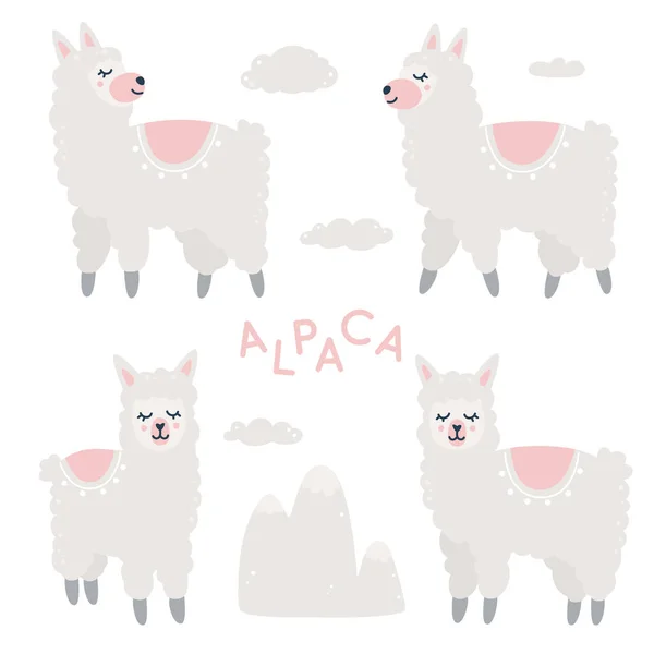 Set Infantil Dibujado Mano Con Alpacas Nubes Montaña — Vector de stock