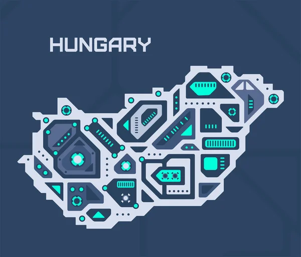 Абстрактная Футуристическая Карта Венгрии Механический Контур Страны Технологический Фон — стоковый вектор