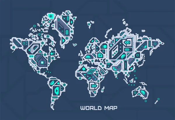 Mapa Mundo Futurista Abstrato Circuito Mecânico Globo Tecnologia Espaço Fundo — Vetor de Stock