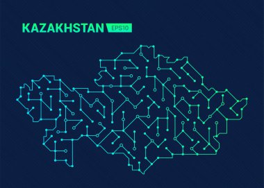Kazakistan 'ın soyut geleceksel haritası. Ülkenin elektrik devresi. Teknoloji arka planı.
