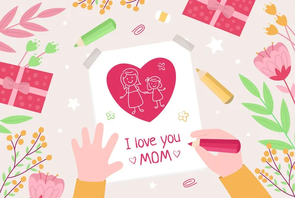 Barnens Händer Drar Ett Kort Till Mamma Gratulationskort För Mors — Stock vektor