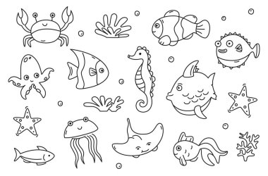 Bir sürü karalama balığı. Taslak deniz hayvanlarının koleksiyonu.