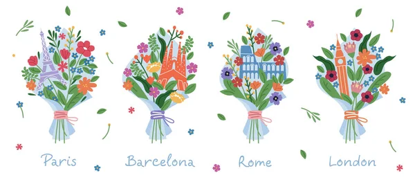 Paris, Barselona, Roma ve Londra 'da popüler mimarisi olan çiçek buketleri. Modern resimleme.