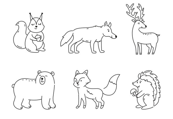 Set of doodle forest animals isolated. Collection of coloring characters.